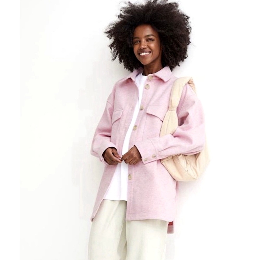 NEW! H&M Oversized Fleece Shacket Shirt Jacket Button Front Pink SZ S